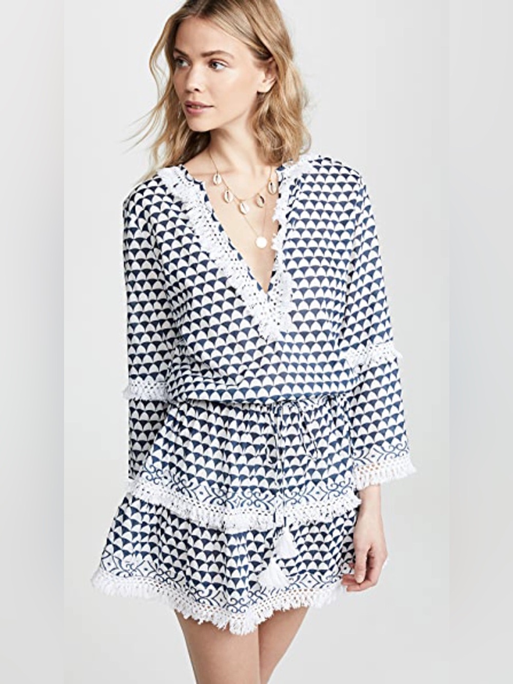 MELISSA ODABASH Claudia Coverup Navy & White Riveria Fringe Summer Swimsuit